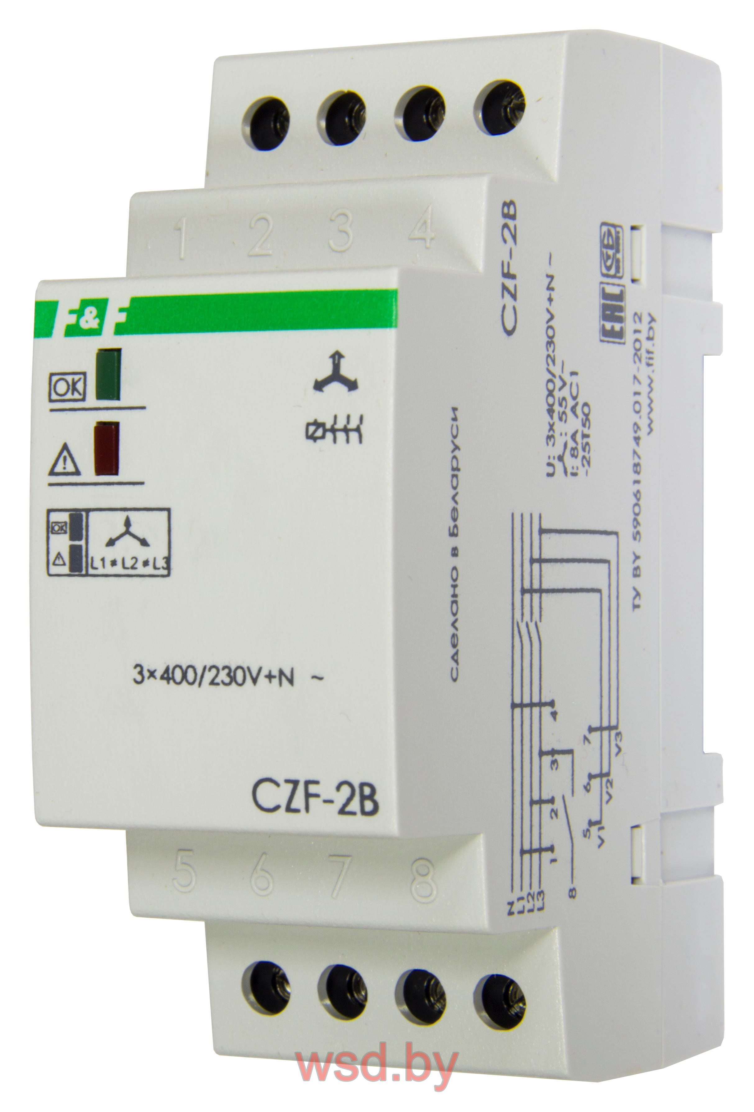 CZF-2B 2 реле контроля фаз, 2модуля, монтаж на DIN-рейке 3х400/230+N 8А 1NO IP20